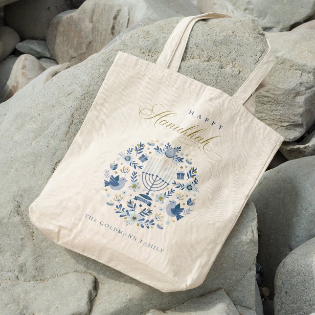 Elegant Classy Navy Blue Happy Hanukkah Floral Tote Bag (Creator Uploaded)