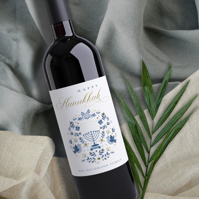 Elegant Classy Navy Blue Happy Hanukkah Floral Wine Label (Creator Uploaded)