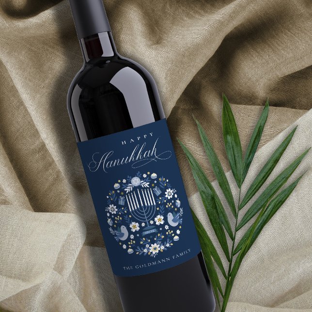 Elegant Classy Navy Blue Happy Hanukkah Floral Wine Label (Creator Uploaded)