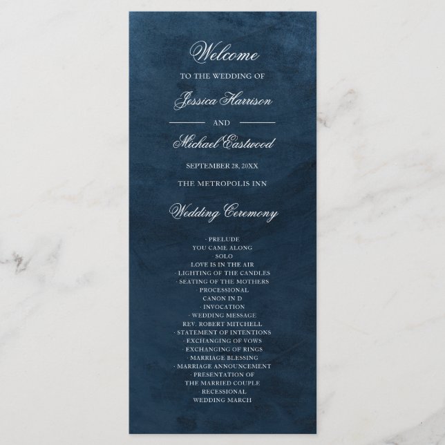 Elegant Classy Navy Blue Watercolor Wedding Programme (Front)
