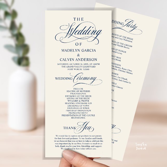 Elegant Classy Navy Blue Wedding Ceremony Order Programme (Elegant Classy Gold Script Wedding Ceremony Order Program Card in Navy Blue Ivory)