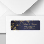 Elegant classy navy gold vintage rsvp wedding<br><div class="desc">Classy gold calligraphy vintage style return address wedding rsvp label with floral swirls,  leaves and foliage over a dark navy background.                Suitable for autumn fall or winter elegant classy vintage weddings.</div>