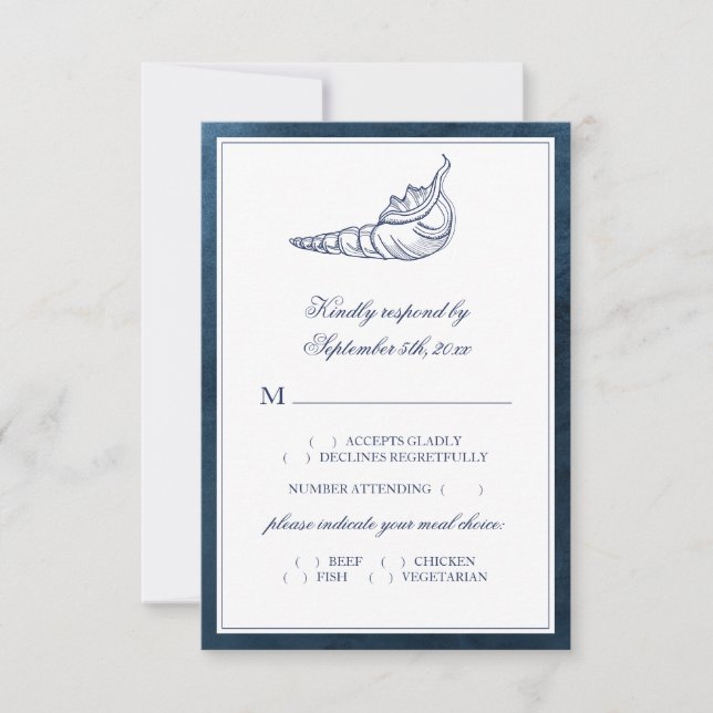Elegant Classy Navy Seashell Beach Meal Choice RSVP Card (Front)