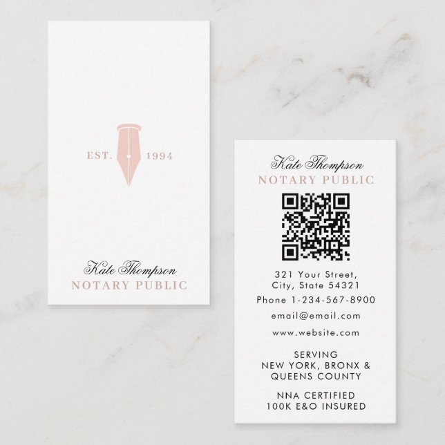 Elegant Classy Notary Signing Agent QR Code Pink Business Card (Front/Back)