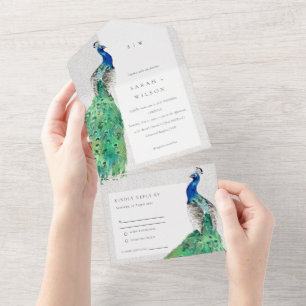 Elegant Classy Ornate Watercolor Peacock Wedding All In One Invitation