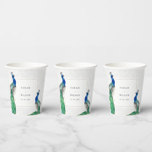Elegant Classy Ornate Watercolor Peacock Wedding Paper Cups
