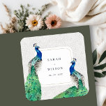 Elegant Classy Ornate Watercolor Peacock Wedding  Square Sticker<br><div class="desc">Classy Ornate Watercolor Peacock Collection- it's an elegant watercolor Illustration of colourful bright peacock,  with an ornate border.  Perfect for your modern classy wedding & parties. It’s very easy to customise,  with your personal details. If you need any other matching product or customisation,  kindly message via Zazzle.</div>