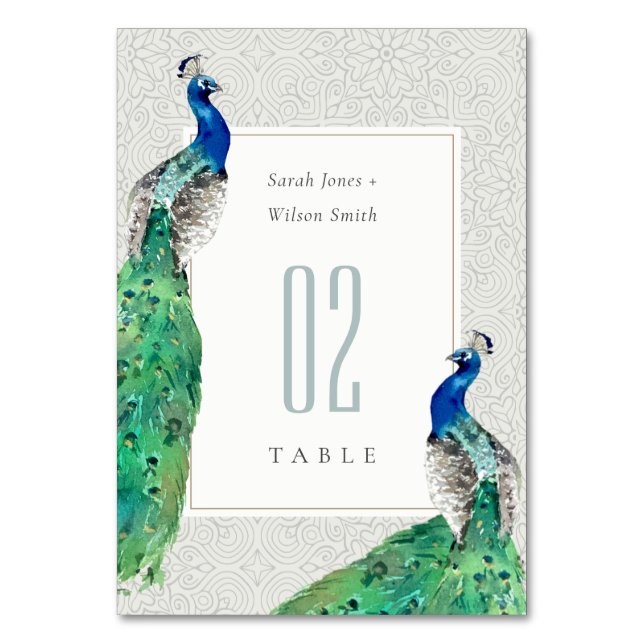 Elegant Classy Ornate Watercolor Peacock Wedding Table Number (Front)