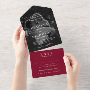 Elegant Classy Photo Burgundy  RSVP Wedding All In One Invitation