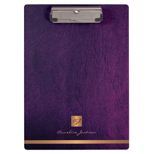 Elegant classy purple leather gold monogrammed clipboard (Front)