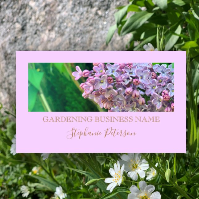 Elegant Classy Purple Lilac Custom Photo Gardening Business Card (Add your business photo and name for a beautiful stylish lilac and gold business card)