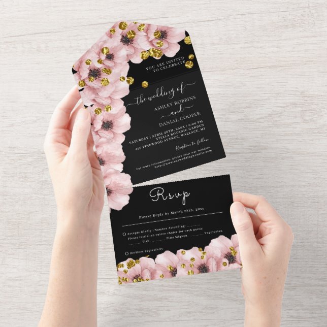 Elegant Classy Rosy Black Wedding All In One Invitation (Tearaway)