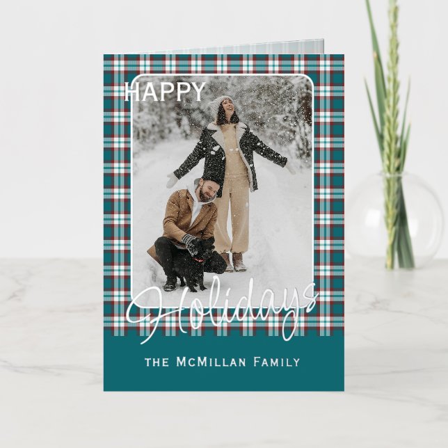 Elegant Classy Rustic Plaid Pattern Gold Foil Holiday Card (Front)