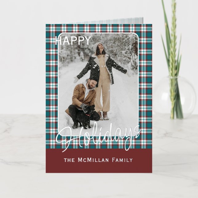 Elegant Classy Rustic Plaid Pattern Gold Foil Holiday Card (Front)