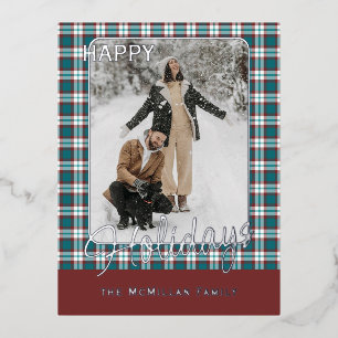 Elegant Classy Rustic Plaid Pattern Gold Foil Holiday Postcard