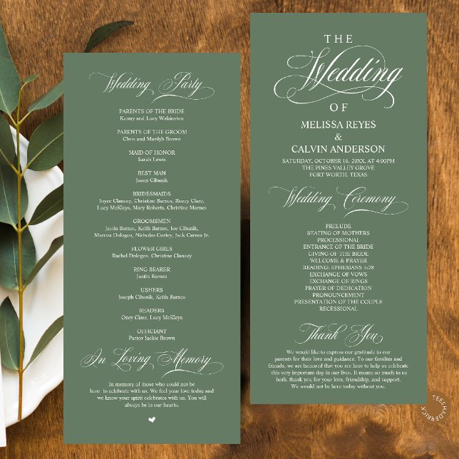 Elegant Classy Sage Green Script Wedding Programme (Elegant Classy Sage Green Script Wedding Program Card)