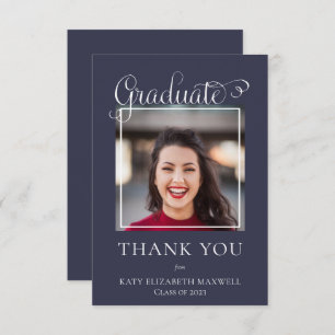 Elegant Classy Script Graduate Photo Blue Thank You Card