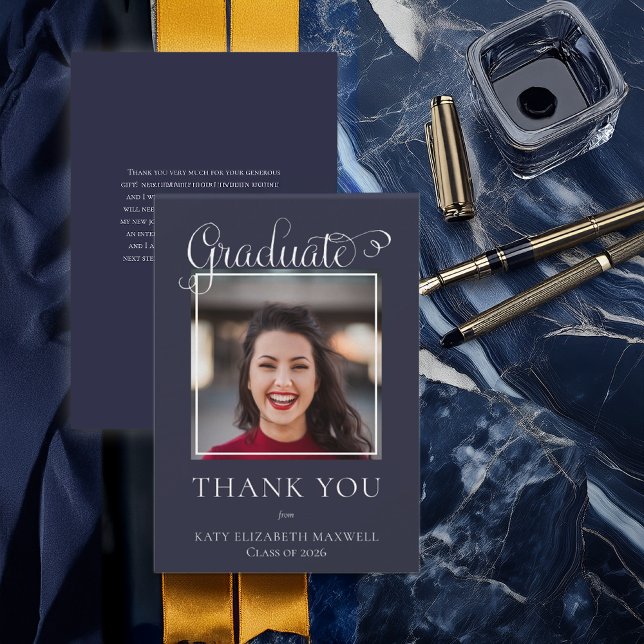 Elegant Classy Script Graduate Photo Blue Thank You Card (Elegant Classy Script Graduate Photo Blue Thank You Card)