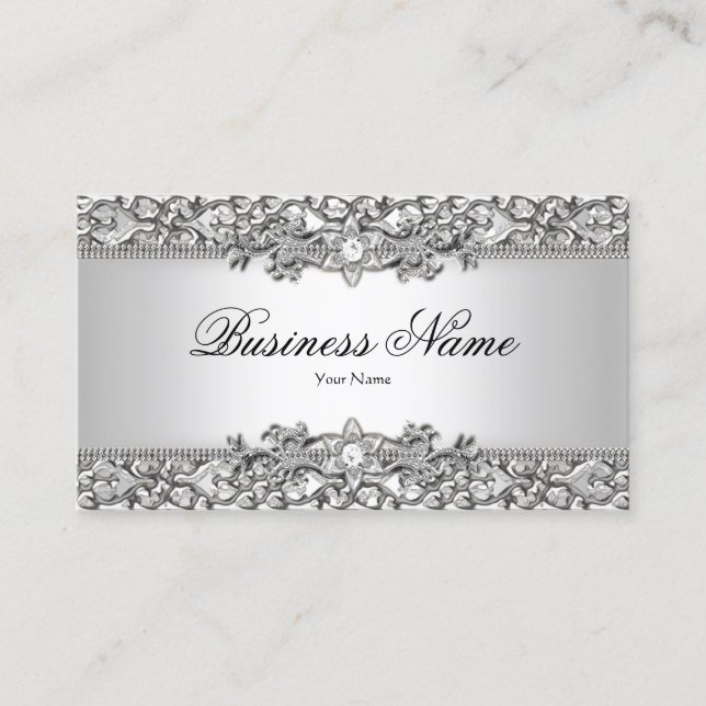 Elegant Classy Silver Grey Damask Updated Business Card (Front)