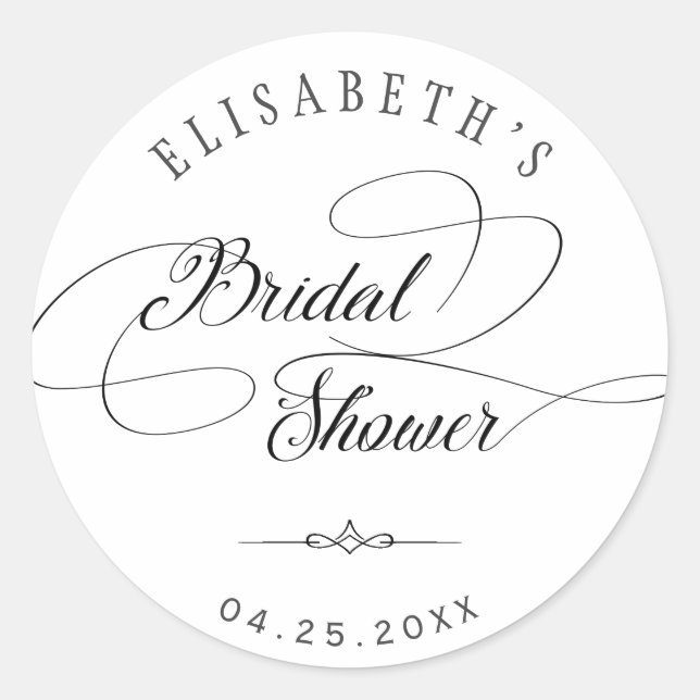 Elegant classy swirls calligraphy bridal shower classic round sticker (Front)