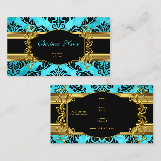 Elegant Classy Teal Blue Gold Damask Floral Business Card (Front/Back)