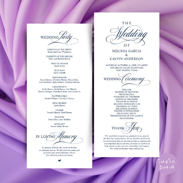 Elegant Classy Wedding Ceremony Order Programme (Elegant Classy Wedding Ceremony Order Program Card in Navy Blue)