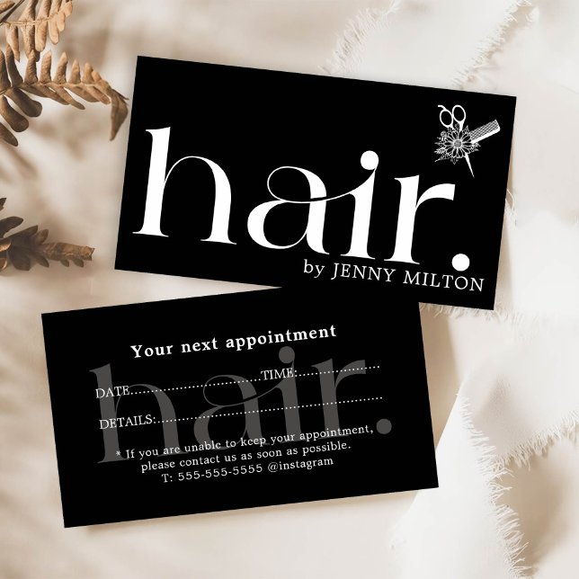Elegant Clean Black White Hair Stylist Appointment Business Card (Creator Uploaded)