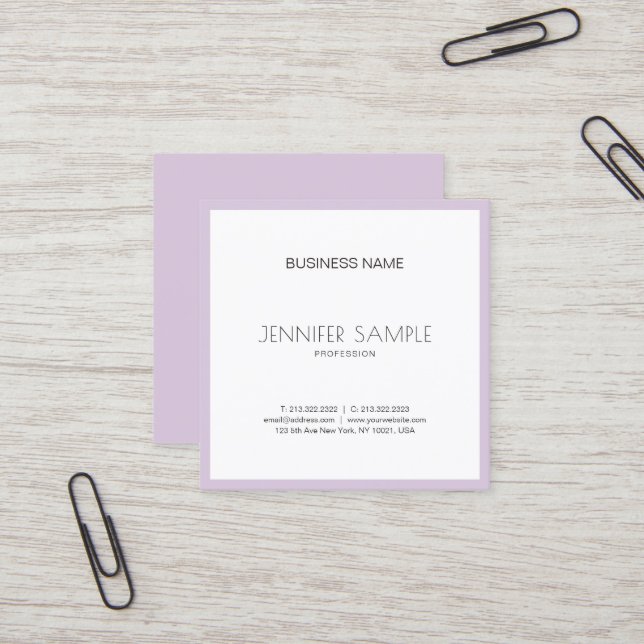 Elegant Clean Trendy Violet Purple Luxury Plain Square Business Card (Front/Back In Situ)