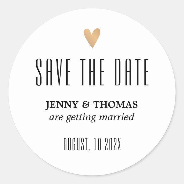 Elegant Clean Wedding Gold Heart Save the date Classic Round Sticker (Front)