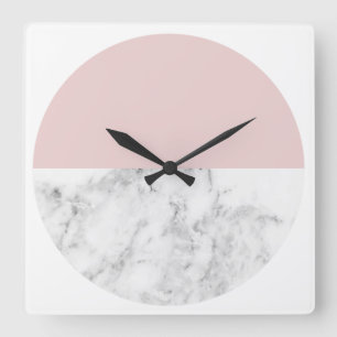 elegant clear blush pink marble geometric circle square wall clock