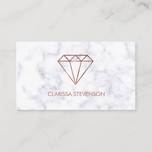 elegant clear faux rose gold diamond white marble business card (Front)
