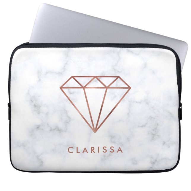 elegant clear faux rose gold diamond white marble laptop sleeve (Front)