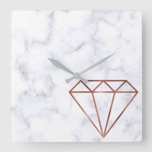 elegant clear faux rose gold diamond white marble square wall clock
