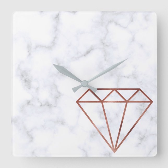 elegant clear faux rose gold diamond white marble square wall clock (Front)