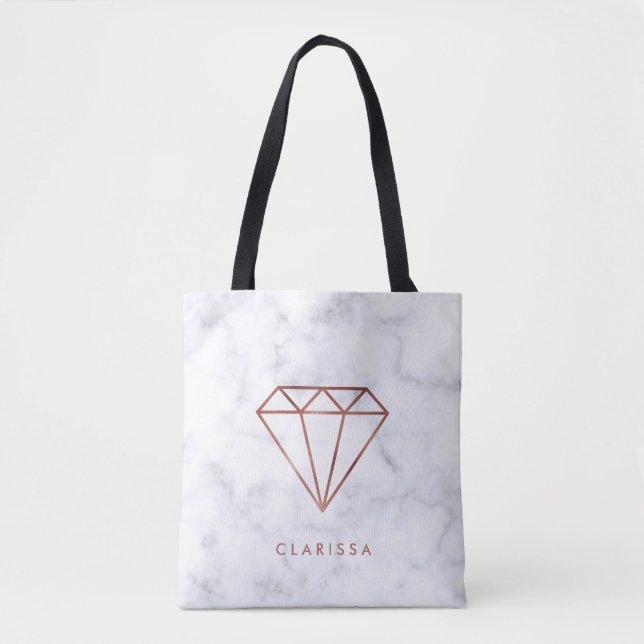 elegant clear faux rose gold diamond white marble tote bag (Front)