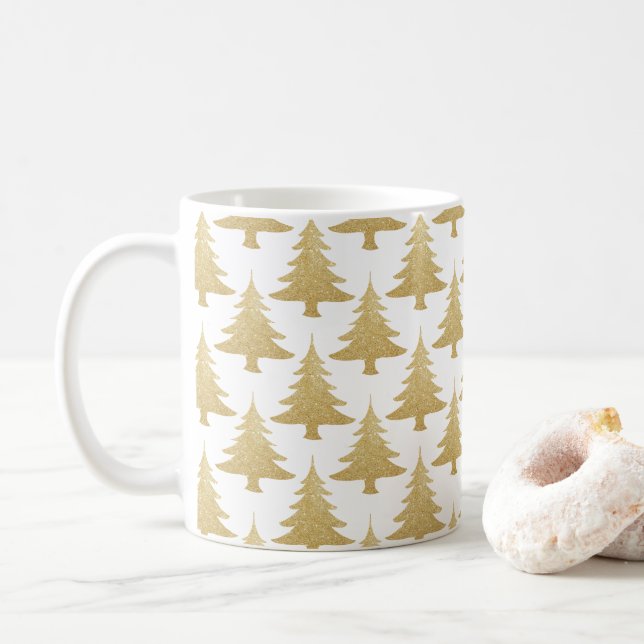 elegant clear gold glitter Christmas tree pattern Coffee Mug (With Donut)