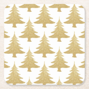 elegant clear gold glitter Christmas tree pattern Square Paper Coaster
