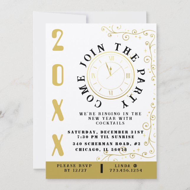 Elegant Clock New Year's Eve Party Invitation (Front)