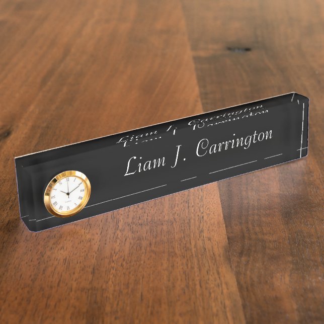 Elegant Clock Your Name Script Office Black Nameplate (Side)