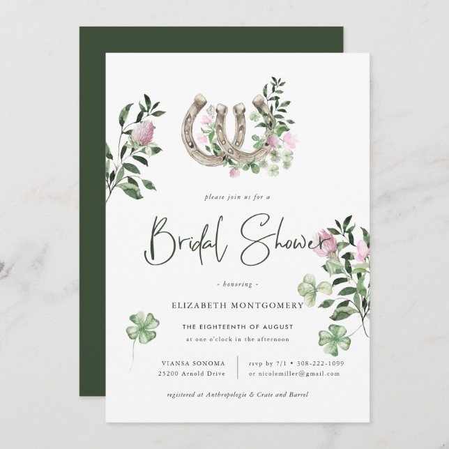 Elegant Clover Horseshoes Botanical Bridal Shower Invitation (Front/Back)