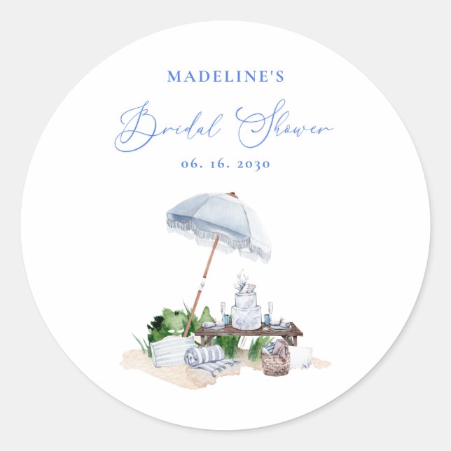 Elegant Coastal Beach Picnic Bridal Shower Classic Round Sticker (Front)