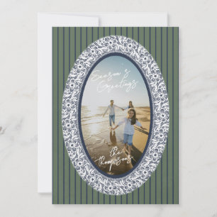 Elegant Coastal Blue Chinoiserie Oval Frame Photo  Holiday Card