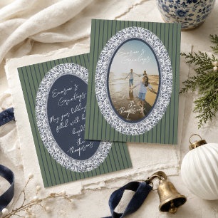Elegant Coastal Blue Chinoiserie Oval Frame Photo Holiday Card