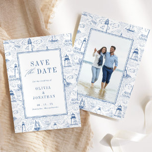 Elegant Coastal Blue Toile Wedding Photo Save The Date