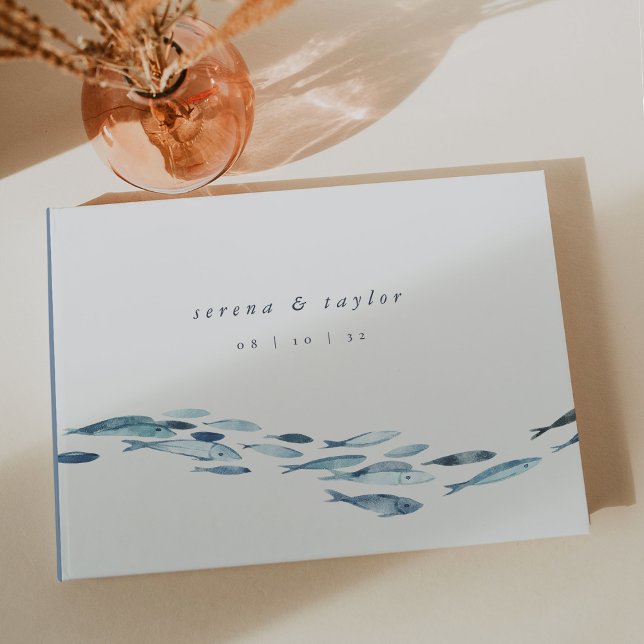 Elegant Coastal Blue Watercolor Fish Wedding Guest Book (Creator Uploaded)
