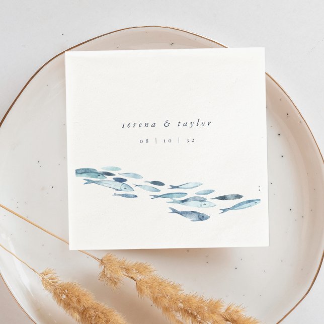 Elegant Coastal Blue Watercolor Fish Wedding Napkin (Creator Uploaded)