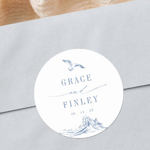 Elegant Coastal Chic Blue Seaside Wedding Classic Round Sticker