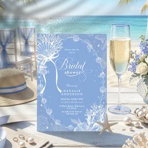 Elegant Coastal Coquette Ocean Blue Bridal Shower Invitation