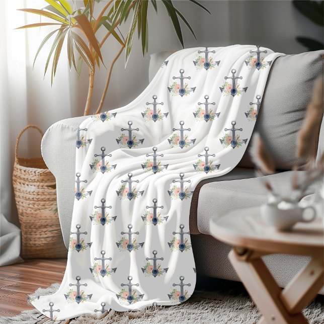 Elegant Coastal Floral Nautical Anchors  Fleece Blanket (Creator Uploaded)