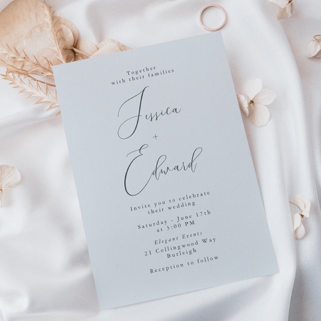 Elegant Coastal Mist Blue Script Wedding Invitation (Creator Uploaded)